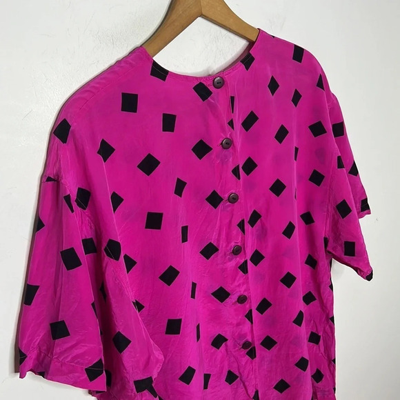 Vintage 1980s 100% Silk Eleanor Brenner Geometric Pattern Button Back Blouse - Picture 5 of 9